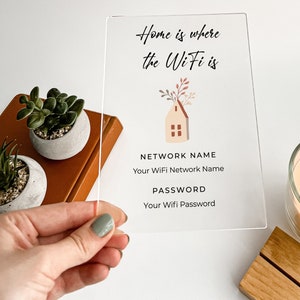 May include: A clear acrylic sign with the text "Home is where the WiFi is" and a cartoon house illustration. The sign also includes the text "NETWORK NAME" and "PASSWORD" with spaces for the user to write in their network name and password.
