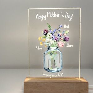 Happy Mother&#39;s Day Custom Personalized LED Wood Base Light Up Lamp Flower Jar Stand Mom Mommy Mother Stepmom Love Children & Kids Home Gift!