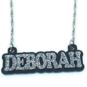 Necklace Plate Personalized Custom Silver Nameplate Jewelry Laser Cut Diamond Look Glitter Block Font Letters, Quality Silver Chain Any Name