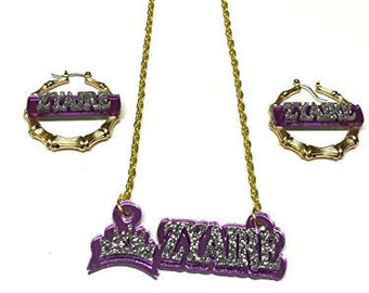 Personalized Matching Necklace and Bamboo 1.5 INCH Earrings Set KIDS Size Name Plate Custom Laser Cut Diamond Look, Made to Order, Stunning