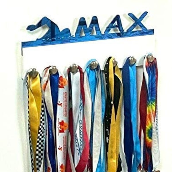 Custom Personalized Name Medal Holder Swimmer Swim Meet Sports Display Awards Wall Organizer Hanger Rack With Hooks for 60+ Medals, Ribbons