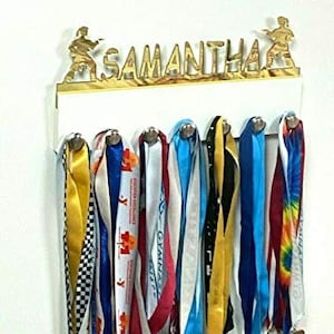 Custom Personalized Name Medal Holder Girl Female Karate Display Awards Wall Organizer Belts Hanger Rack With Hooks for 60+ Medals, Ribbons