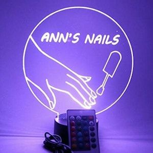 Nail Salon Stylist Beauty Artist Care Company Station Custom Name Night Light Up LED Personalized Table Lamp, Remote, 16 Colors, Great Gift!