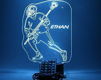 Lacrosse Player Sports Night Light Up Table Desk Lamp LED Personalized Free Engraved Custom Name, It&#39;s Wow With Remote 16 Colors, Great Gift