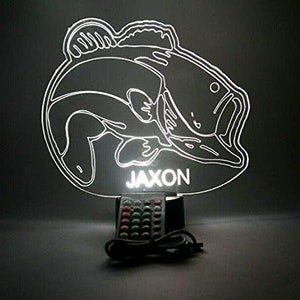 Fish Sea Bass Fishing Night Light Up Table Desk Lamp LED Personalized Free Engraved Custom Name, It&#39;s Wow With Remote 16 Colors, Great Gift