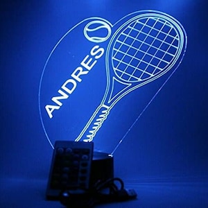 Tennis Racket Racquets and Ball Sports Night Light Up Table Desk Lamp LED Personalized Free Name, It&#39;s Wow With Remote 16 Colors, Great Gift