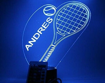Tennis Racket Racquets and Ball Sports Night Light Up Table Desk Lamp LED Personalized Free Name, It's Wow With Remote 16 Colors, Great Gift