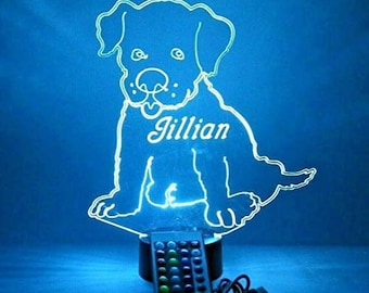 May include: A white outline of a dog with the name Jillian written underneath. The dog is sitting on a clear acrylic base with a multi-coloured LED light base and remote control.