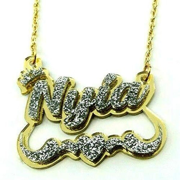 Necklace Plate Personalized Custom Color Options Nameplate Jewelry Laser Cut Swirls Heart Crown On Top Design Gold Cursive Letters, Any Name