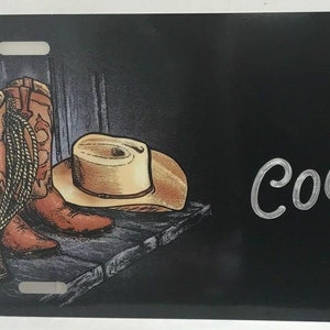 Country Scene Hat Cowboy Boots Personalized Custom License Vanity Plate Free Engraved Auto Car Tag Vehicle License Plate Design, Great Gift