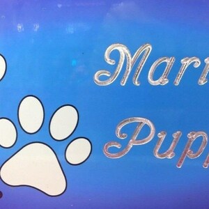 May include: Blue license plate with two white paw prints and the text "Maria's Puppies" in silver lettering.