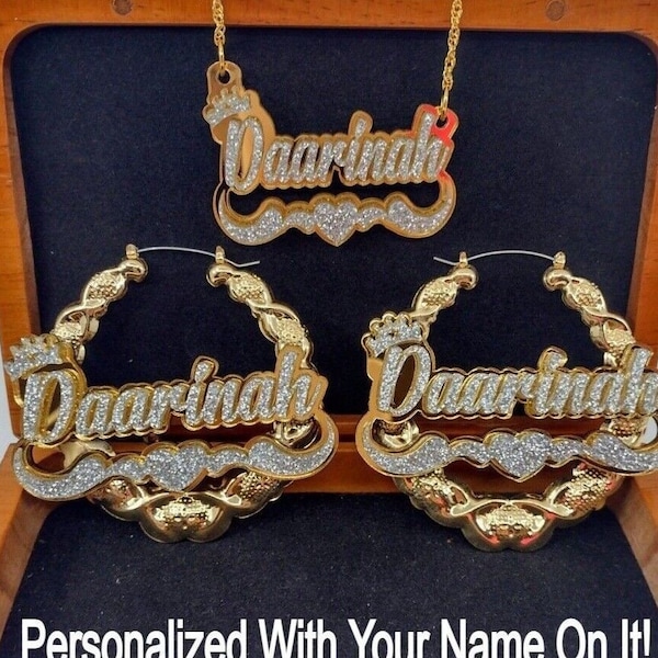 Name Necklace Plate Personalized Custom Nameplate and 2.5" XOXO Gold Earrings With Swirls Heart and Crown on Top Jewelry Set Cursive Letters