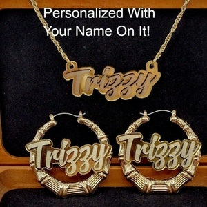 Personalized Custom Necklace Name Plate Laser Cut Style Nameplate and Size Choice Earrings in Checkout Gold Jewelry Set Dazzling & Stunning!
