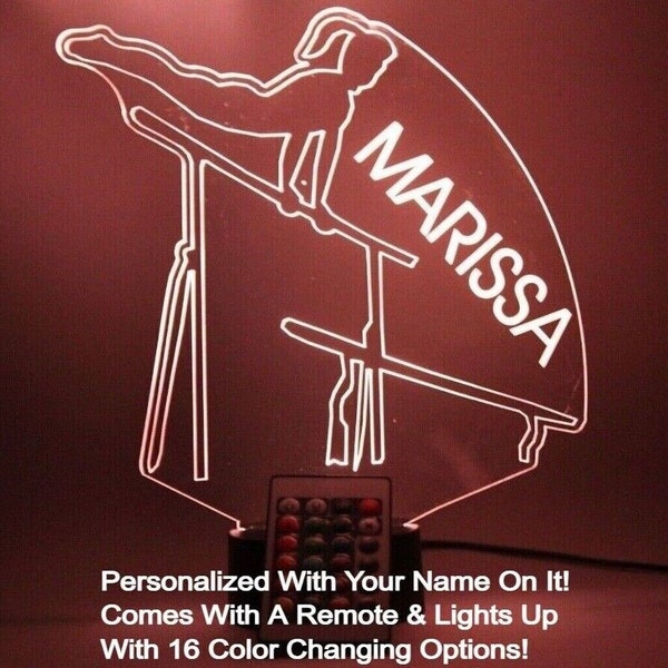 Gymnast Girls Bars Gymnastics Sports Night Light Up Table Desk Lamp LED Personalized Free Engraved Custom Name, Remote 16 Colors, Great Gift