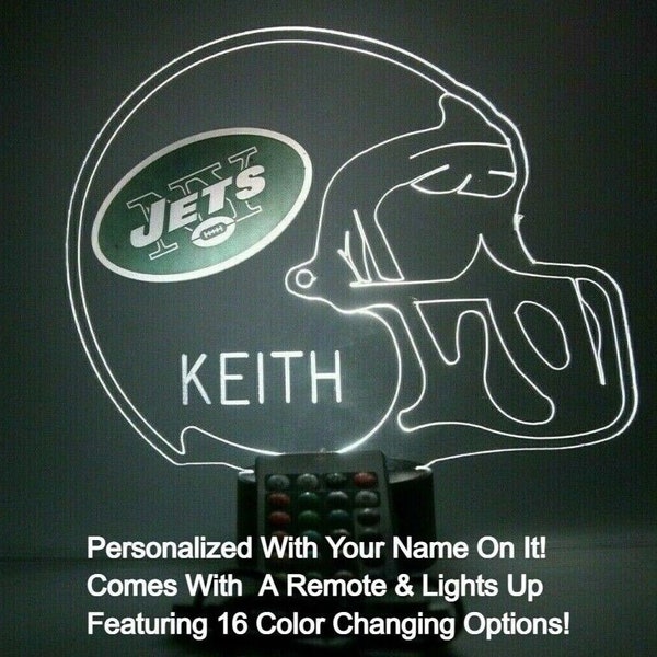 New York Jets NY Night Light Up Table Lamp Football Helmet Sports LED Hand Crafted Personalized - It's Wow With Remote 16 Colors, Great Gift