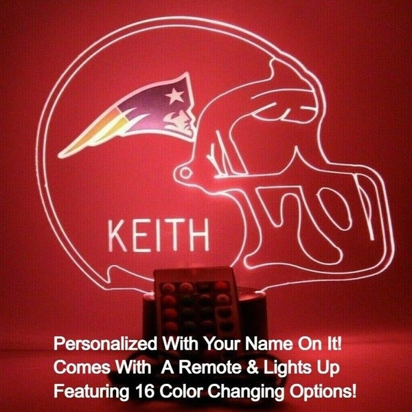 New England Patriots Night Light Up Table Lamp Football Helmet LED, Hand Crafted Personalized - It's Wow, With Remote 16 Colors, Great Gift