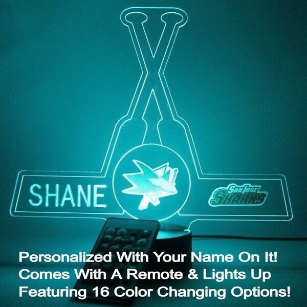 San Jose Sharks Hockey Skicks Sports Night Light Up Table Lamp LED Personalized Free Engraved Custom Name, It's Wow, With Remote, Great Gift