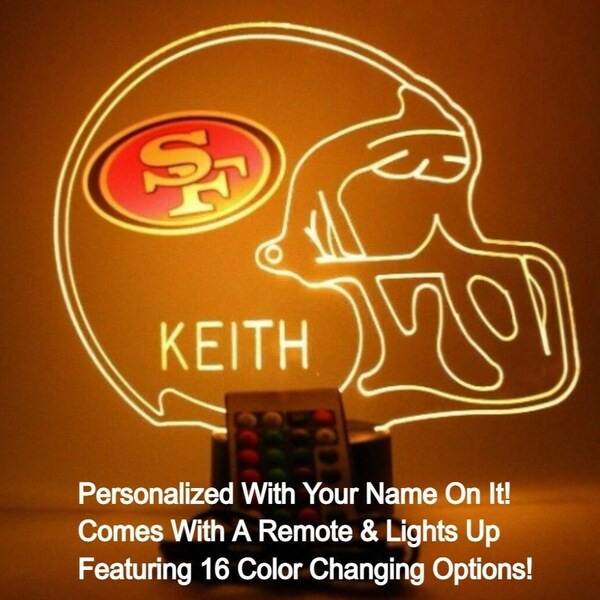 San Francisco 49ers SF Night Light Up Table Lamp Football Helmet LED Hand Crafted Personalized - It's Wow, With Remote 16 Colors, Great Gift