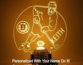 Boston Bruins Hockey Player Sports Night Light Up Table Lamp LED Personalized Free Engraved Custom Name, It's Wow, With Remote, Great Gift