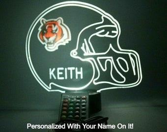 Cincinnati Bengals Night Light Up Table Lamp Football Helmet LED, Hand Crafted Personalized - It's Wow, With Remote 16 Colors, Great Gift