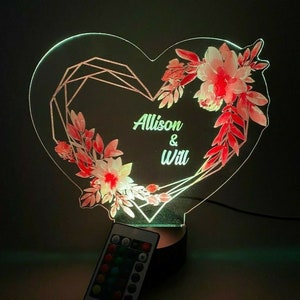 Valentines Day Wedding Centerpiece Heart with Flowers UV Printed Couples Night Light Table Lamp LED Personalized Names Custom Gift & Remote