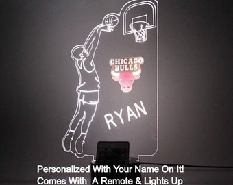 Chicago Bulls Basketball Player Sports Night Light Up Table Desk Lamp LED Personalized Engraved Custom Name, It's Wow, Remote, Great Gift