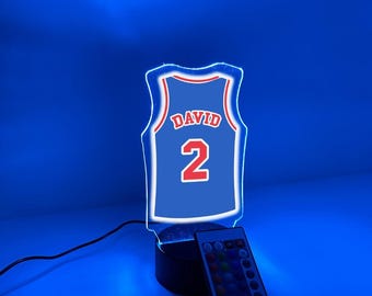 Camiseta de baloncesto personalizada con nombre y número, jugador, fanático, equipo, baloncesto, deportes, luz nocturna, 16 colores, lámpara LED, decoración para habitación, Detroit