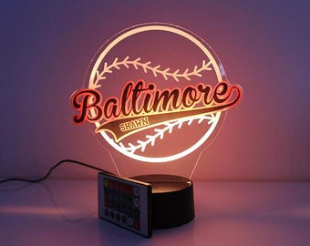 Baltimore  Baseball Sports Fan Sports Themed Ball Lamp Night Light Up LED, Team & Name Personalized FREE, 16 Colors, Made in America