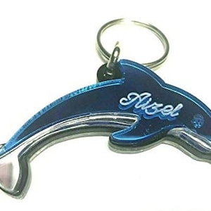 Puede incluir: Un llavero de delfín azul con un anillo plateado y el nombre "Ariel" grabado en el cuerpo del delfín.