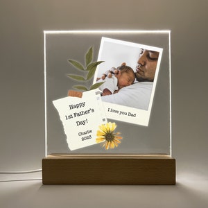 Personalized Photo Wood Stand Dad Daddy Night Light Up Lamp LED Any Picture Custom Free Engrave Keepsake Baby&#39;s First 1st Father&#39;s Day Gift!