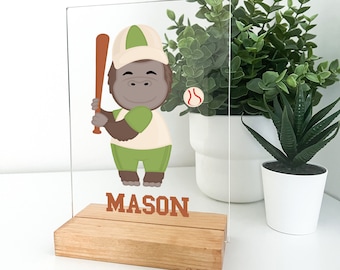 Soporte de mesa con base de madera personalizado, lindo animal, atleta, jugador, ventilador, diseño, elección, pelota deportiva, béisbol, niños, niñas, decoración de la habitación del hogar, regalo