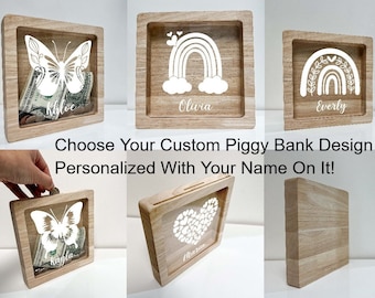 Personalized Money Box Savings Piggy Bank Coin Bank Design With Custom Name - Wooden Coin Bank For Boys, Girls, Kids Nursery Room Decor Gift