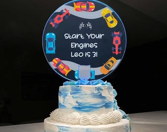 Race Cars Racing Car Theme Happy Birthday Cake Topper Top Personalized Name Boys Kids LED Multiple Colors Light Effects | Light Up The Party