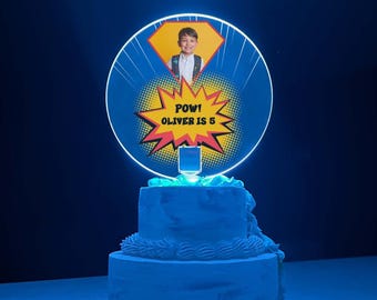 Superhero Happy Birthday Cake Topper Top Personalized Custom Name Kids Celebration Hero LED Multiple Colors Light Effects Light Up The Party