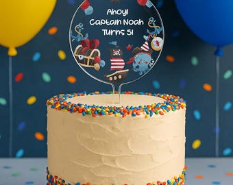 Ahoy Pirates Captain Pirate Theme Boys Girls Kids Happy Birthday Cake Topper Top Personalized Centerpiece Decor Display | Celebrate & Party!