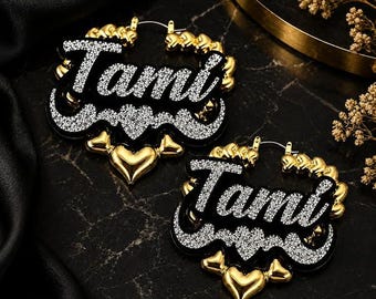 Personalized Gold Heart Hoop Earrings with Custom Name | Silver Glitter Nameplate Bamboo Style Hoops for Women | Laser Cut Acrylic Jewelry