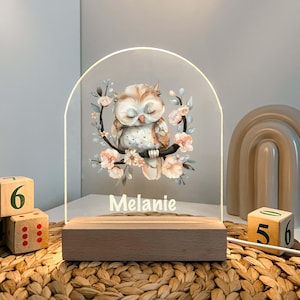 Puede incluir: Una luz nocturna de acrílico blanco con una base de madera. La luz presenta una ilustración de acuarela de un búho durmiendo en una rama con flores rosas. El nombre "Melanie" está escrito debajo del búho.