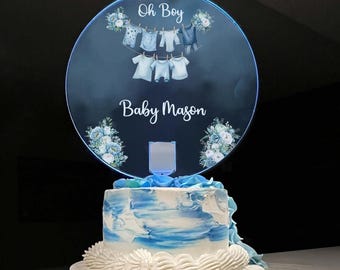 Baby Boy Baby Shower Cake Topper Top Welcome Baby Oh Boy New Born Personalized Name | LED Multi Color Light Effects | Light Up The Party!