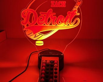 Detroit Hockey Sports Player School Club Team Fan Puck & Sticks Lamp Night Light Up LED, 16 Colors With Base and Remote, Personalized FREE