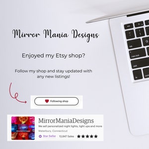 May include: A screenshot of an Etsy shop page for MirrorManiaDesigns. The shop sells personalized night lights, light ups, and more. The shop has a 5-star rating and 13,847 sales. The shop is a Star Seller.