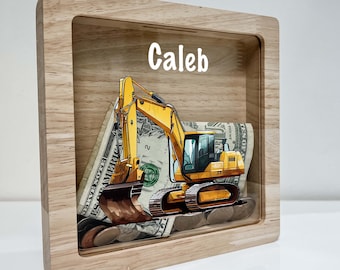 Cofrinho de poupança personalizado para meninos, caixa de dinheiro com nome personalizado, caminhão de construção, escavadeira, trator, equipamento pesado, presente para meninos