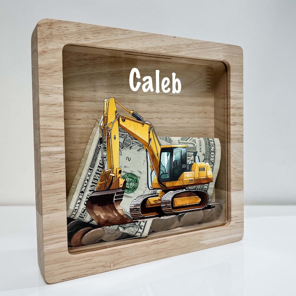 Personalized Savings Piggy Bank for Boys Custom Name Money Box Construction Truck Excavator Tractor Heavy Equipment Themed Toddler Boys Gift