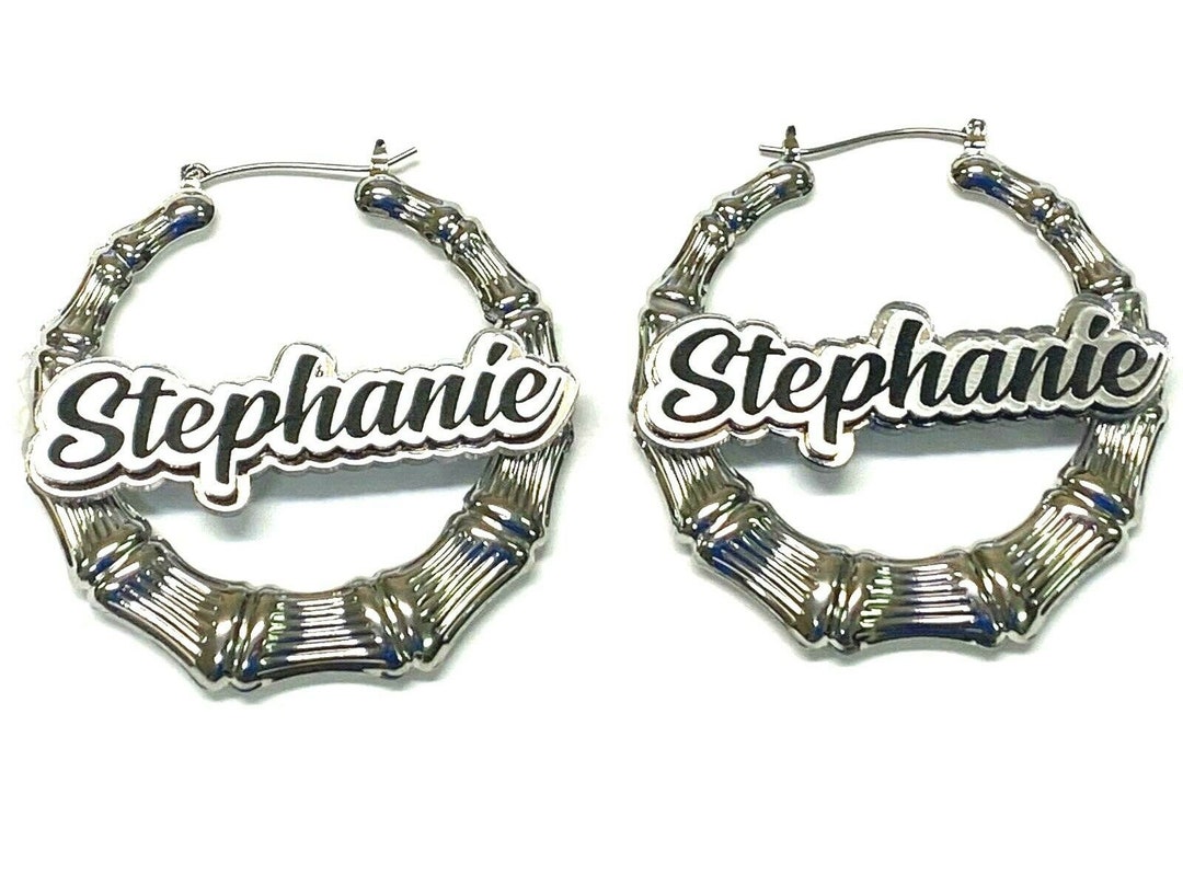 Silver Hoop Bamboo Earrings Name Plate Laser Cut Personalized Custom
