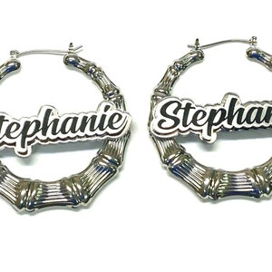 Silver Hoop Bamboo Earrings Name Plate Laser Cut Personalized Custom Design Stunning Look - 3 INCHES size, Attractive Bamboo Earrings, Gift