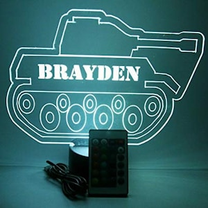 Armored Combat Battle Tank Military Fighting Vehicle Custom Name Room Night Light Up LED Personalized Table Lamp Remote 16 Colors Great Gift