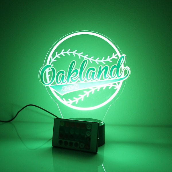 Oakland American Baseball Sports Fan, Sports Themed Ball Lamp Night Light Up LED Personalized FREE, 16 Colors with Remote, Made in America