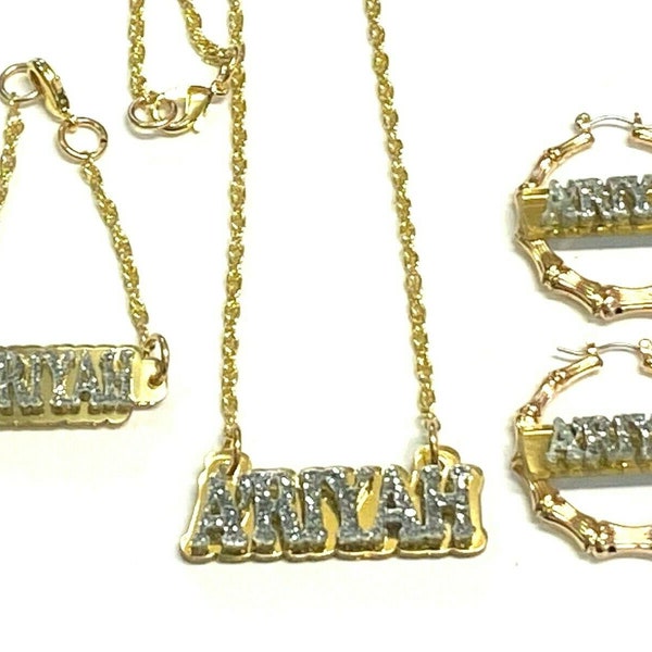 Personalized Matching Necklace, Bracelet, and Gold 1.5" Kids Size Bamboo Earrings, Set Name Plate Custom Laser Cut, Diamond Look, Dazzling!