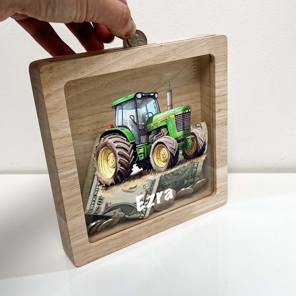 Personalized Savings Piggy Bank Boys Custom Name Money Box Construction Truck Farm Tractor Hauling Farming Heavy Duty Equipment Themed Gift