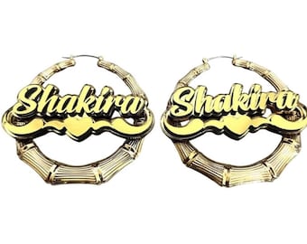 Jolies boucles d'oreilles en bambou en or ou en argent, plaque signalétique découpée au laser, personnalisé audacieux style hip hop pour femmes, couleur et taille au choix, cadeau