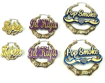 Gold Hoop Bamboo Earrings Name Plate Laser Cut Personalized Custom Design Stunning Look - Size Choice Attractive Bamboo Earrings, Great Gift